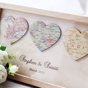 3 Personalized Map Heart Art 5 Year Anniversary Gifts, Wife Anniversary Rustic 5th Anniversary Gift for Him Wood Anniversary add wood frame