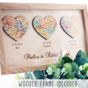 1st Anniversary Gift for Husband Gift for Wife, 3 Hearts Map Print, First Anniversary, One 1 year Anniversary Gifts For Her image 1