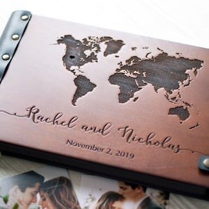 Custom Travel Photo Album — World Map Wedding Guest Book — Leather Bound Wood