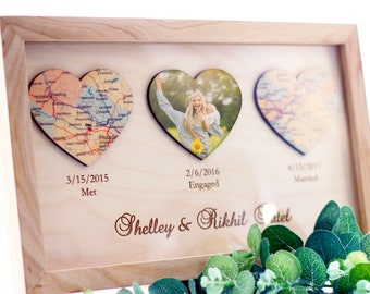 Unique Wedding Gift for Couple, Personalized Map Heart Art, Engagement Gift, Anniversary Gift Bridal Shower Gift, Met Engaged Married 3 Map