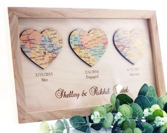 Gift for wife, Gift for Couples, Met Engaged Married, Personalized Framed Map Love Story Engagement Personalized Map Heart Engagement Gif #3