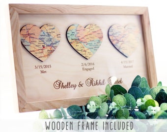 1st Anniversary Gift for Husband Gift for Wife, 3 Hearts Map Print, First Anniversary, One 1 year Anniversary Gifts For Her