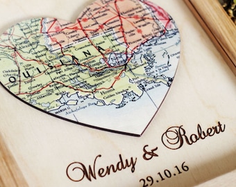 Personalized Wooden Heart Map Print, Engagement Anniversary Gift