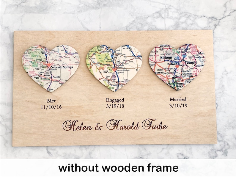 1st Anniversary Gift for Husband Gift for Wife, 3 Hearts Map Print, First Anniversary, One 1 year Anniversary Gifts For Her without wooden frame