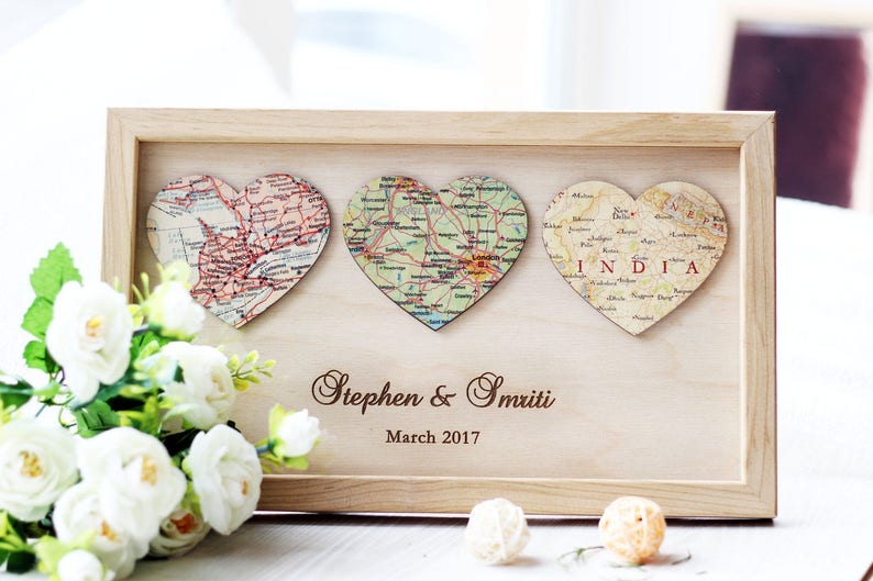 3 Personalized Map Heart Art 5 Year Anniversary Gifts, Wife Anniversary Rustic 5th Anniversary Gift for Him Wood Anniversary image 6