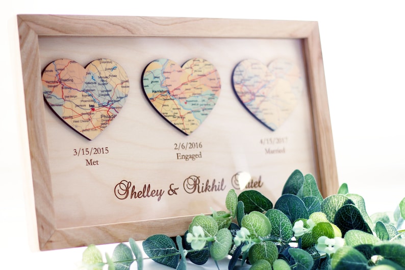 Gift for wife, Gift for Couples, Met Engaged Married, Personalized Framed Map Love Story Engagement Personalized Map Heart Engagement Gif #3 