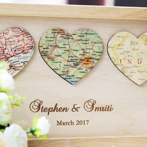 3 Personalized Map Heart Art 5 Year Anniversary Gifts, Wife Anniversary Rustic 5th Anniversary Gift for Him Wood Anniversary image 7