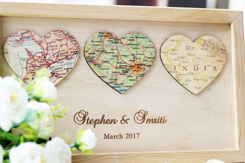 3 Personalized Map Heart Art 5 Year Anniversary Gifts, Wife Anniversary Rustic 5th Anniversary Gift for Him Wood Anniversary image 7