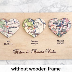 3 Personalized Map Heart Art 5 Year Anniversary Gifts, Wife Anniversary Rustic 5th Anniversary Gift for Him Wood Anniversary without wooden frame