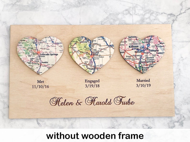 3 Personalized Map Heart Art 5 Year Anniversary Gifts, Wife Anniversary Rustic 5th Anniversary Gift for Him Wood Anniversary without wooden frame