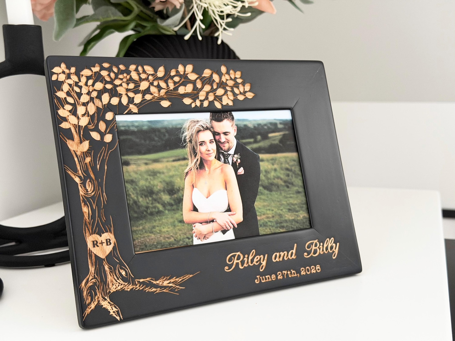 Personalized Rustic Wood Frame — Engraved Tree and Carved Heart with Initials and Date - 5"x7" - Black Frame, Horizontal \ Stand