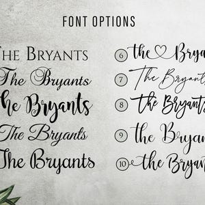 Custom font selection guide showing ten different calligraphy, script, and serif lettering styles for personalized wood signs.