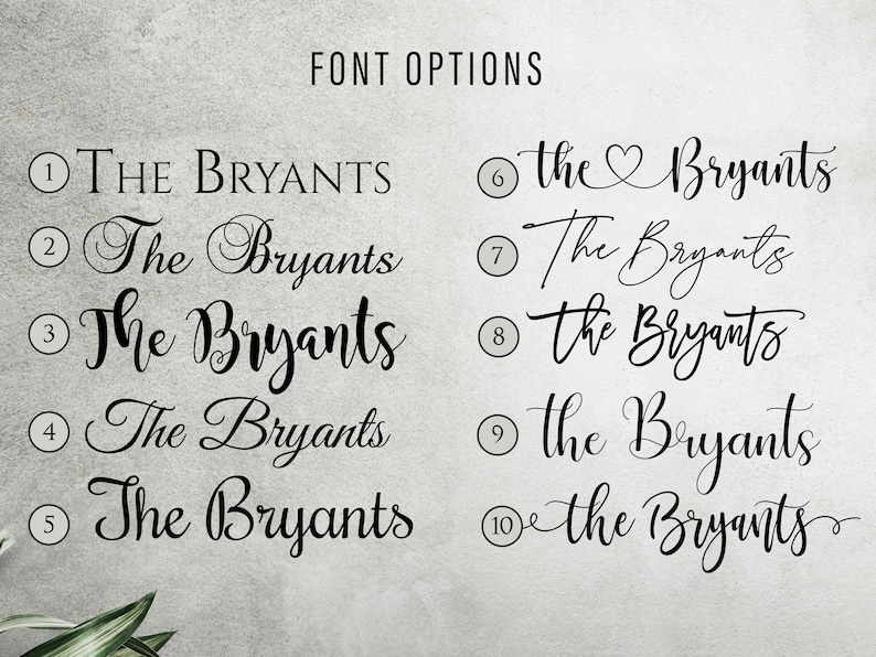 Custom font selection guide showing ten different calligraphy, script, and serif lettering styles for personalized wood signs.