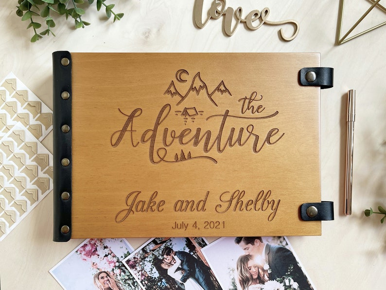 Our Adventure Scrapbook Photo Album, Wooden Photo Album, Adventure Awaits, Personalized Wedding Photo Book, Scrapbook Album, Adventure Book image 1