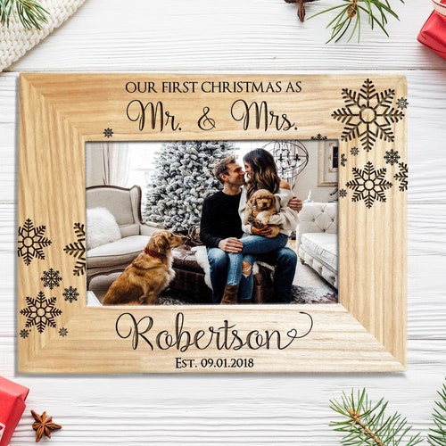 Personalized Christmas Photo Frame, Rustic Wood, Our First Christmas, 5x7