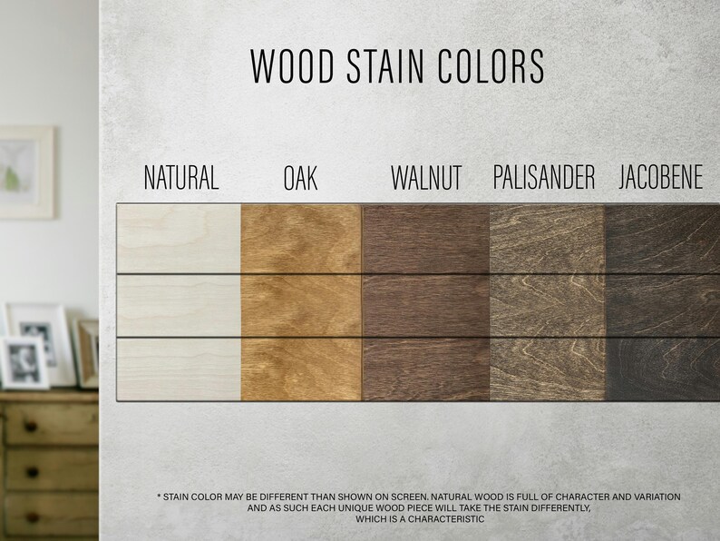 Wood stain color chart displaying 5 finish options on wood samples: Natural, Oak, Walnut, Palisander, and Jacobene.