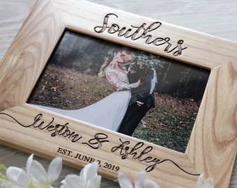 Elegant Wedding Picture Frame — Engraved Last Name and Date