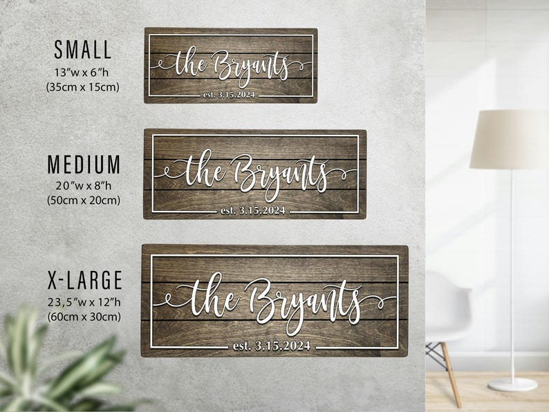 Wood sign size comparison chart listing dimensions: Small 13x6 inches, Medium 20x8 inches, and X-Large 23.5x12 inches.