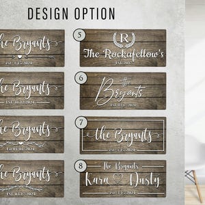 Design option chart with 8 numbered templates. Styles include: 1-4 script names with arrows or florals, 5 monogram, 6 modern script, 7 box frame, and 8 couple's first names.
