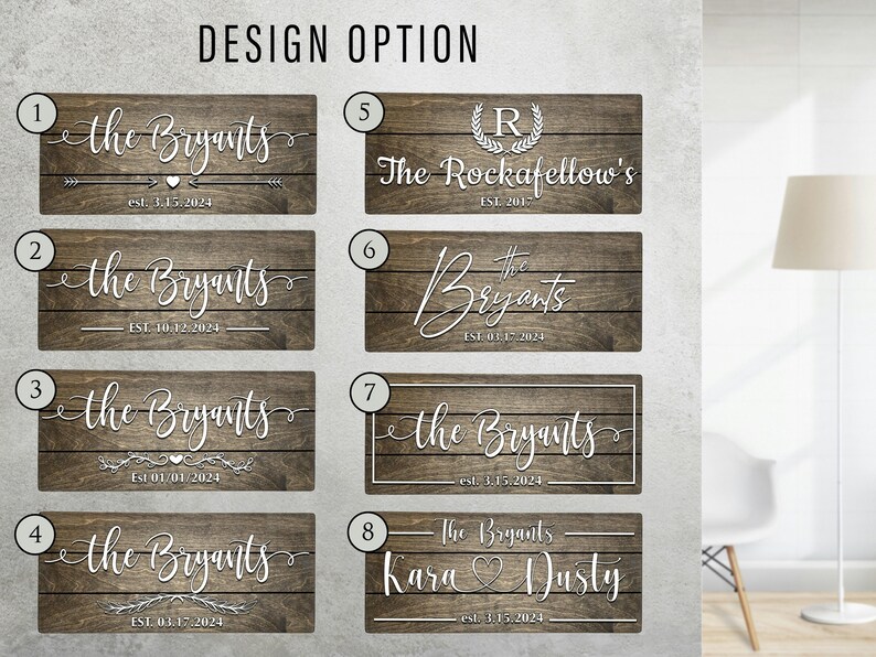 Design option chart with 8 numbered templates. Styles include: 1-4 script names with arrows or florals, 5 monogram, 6 modern script, 7 box frame, and 8 couple's first names.