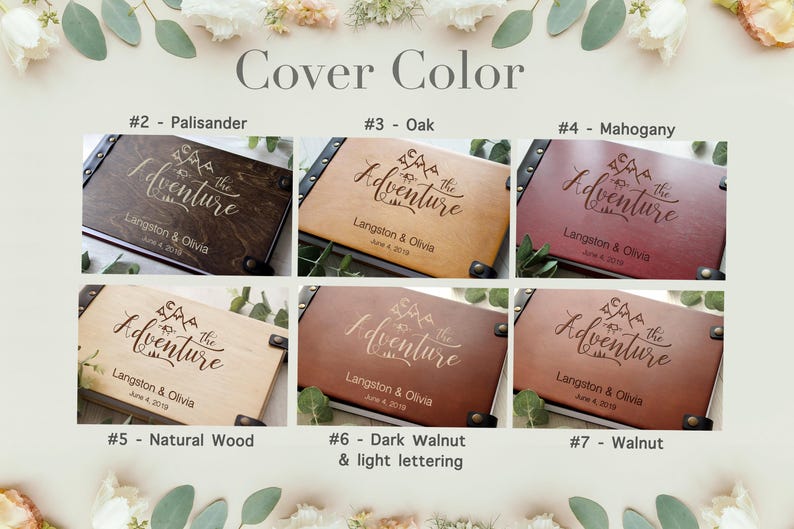A product showcase image titled "Cover Color" featuring six different wood finish options for a personalized wooden adventure Photo album. The finishes include Palisander, Oak, Mahogany, Natural Wood, Dark Walnut with light lettering, and Walnut. Each book is laser-engraved with "The Adventure," names "Langston & Olivia," a date, and an outdoor mountain and camping illustration.