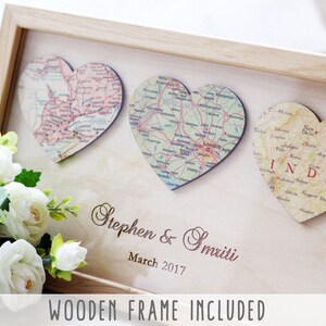 3 Personalized Map Heart Art 5 Year Anniversary Gifts, Wife Anniversary Rustic 5th Anniversary Gift for Him Wood Anniversary image 3