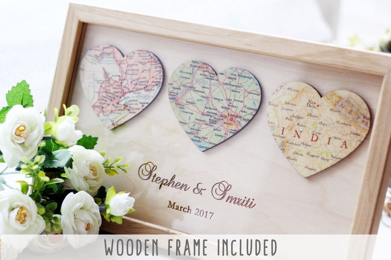 3 Personalized Map Heart Art 5 Year Anniversary Gifts, Wife Anniversary Rustic 5th Anniversary Gift for Him Wood Anniversary image 3