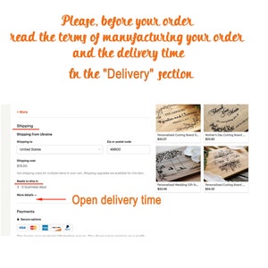 Instructional graphic advising customers to check shipping policies. It displays a screenshot of the Etsy shipping section with an arrow pointing to the "More details" tab. Text overlay reads: "Please, before your order read the terms of manufacturing your order and the delivery time in the 'Delivery' section.