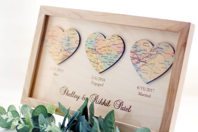 1st Anniversary Gift for Husband Gift for Wife, 3 Hearts Map Print, First Anniversary, One 1 year Anniversary Gifts For Her image 2