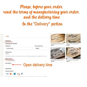 The top features orange script text reading, "Please, before your order read the terms of manufacturing your order and the delivery time in the 'Delivery' section." The bottom left shows a screenshot of the Etsy checkout shipping section, with an orange arrow pointing to "More details" labeled "Open delivery time." The bottom right displays a grid of four personalized laser-engraved wooden cutting boards featuring floral designs, names, and "Thank You Mom" text.