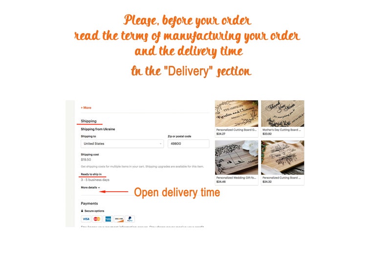 The top features orange script text reading, "Please, before your order read the terms of manufacturing your order and the delivery time in the 'Delivery' section." The bottom left shows a screenshot of the Etsy checkout shipping section, with an orange arrow pointing to "More details" labeled "Open delivery time." The bottom right displays a grid of four personalized laser-engraved wooden cutting boards featuring floral designs, names, and "Thank You Mom" text.