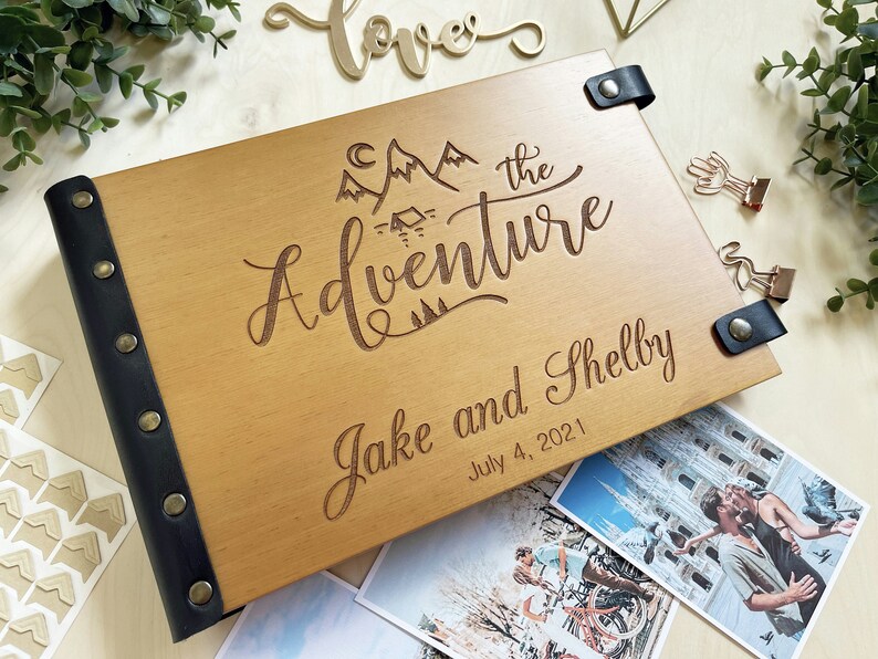 Our Adventure Scrapbook Photo Album, Wooden Photo Album, Adventure Awaits, Personalized Wedding Photo Book, Scrapbook Album, Adventure Book image 2