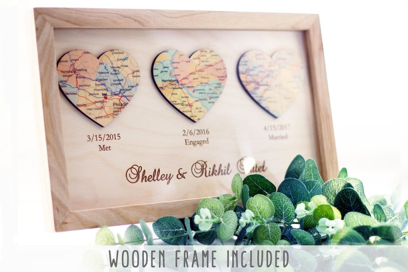 1st Anniversary Gift for Husband Gift for Wife, 3 Hearts Map Print, First Anniversary, One 1 year Anniversary Gifts For Her image 1