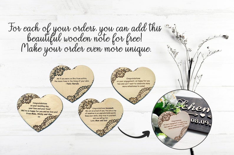 Personalized wooden gift note add-on. Laser engraved heart tags used as durable gift cards. Explanatory image showing how to add a custom message on wood to your order for a unique gift presentation.