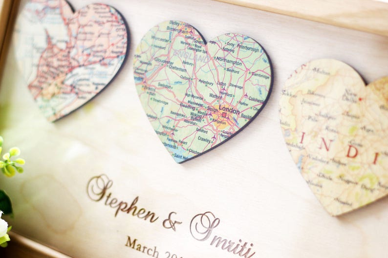 3 Personalized Map Heart Art 5 Year Anniversary Gifts, Wife Anniversary Rustic 5th Anniversary Gift for Him Wood Anniversary image 5