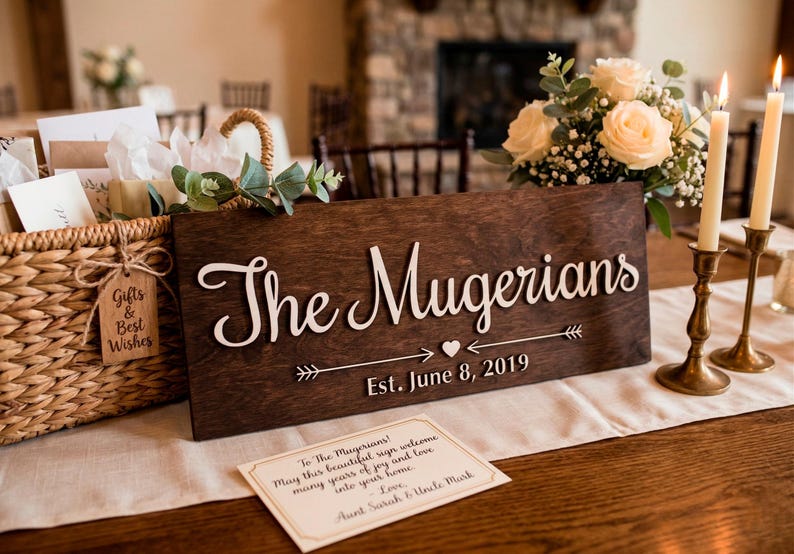 A dark-stained rectangular wooden sign with raised white 3D lettering that reads "The Mugerians" in a cursive font. Below the name is a decorative arrow with a heart and "Est. June 8, 2019." The sign is part of a rustic wedding or anniversary table display, featuring a woven gift basket, white roses, lit taper candles in brass holders, and a personalized greeting card. This handcrafted piece highlights the laser-engraved details and elegant design.
