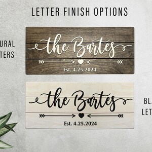 Letter finish options guide comparing "Natural Letters" (light wood color) versus "Black Letters" to customize your family sign.