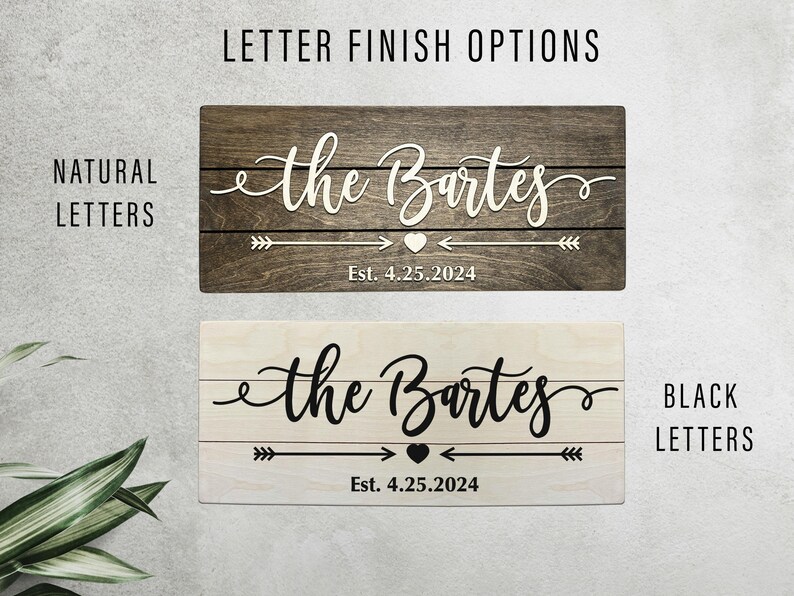 Letter finish options guide comparing "Natural Letters" (light wood color) versus "Black Letters" to customize your family sign.