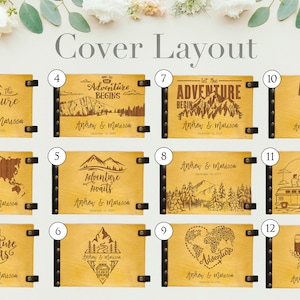 Twelve different cover designs for a leather-bound Photo album. Each design features a different nature-themed illustration and the text "Adventure" in a variety of styles. The covers are all a light brown color and have black leather straps.