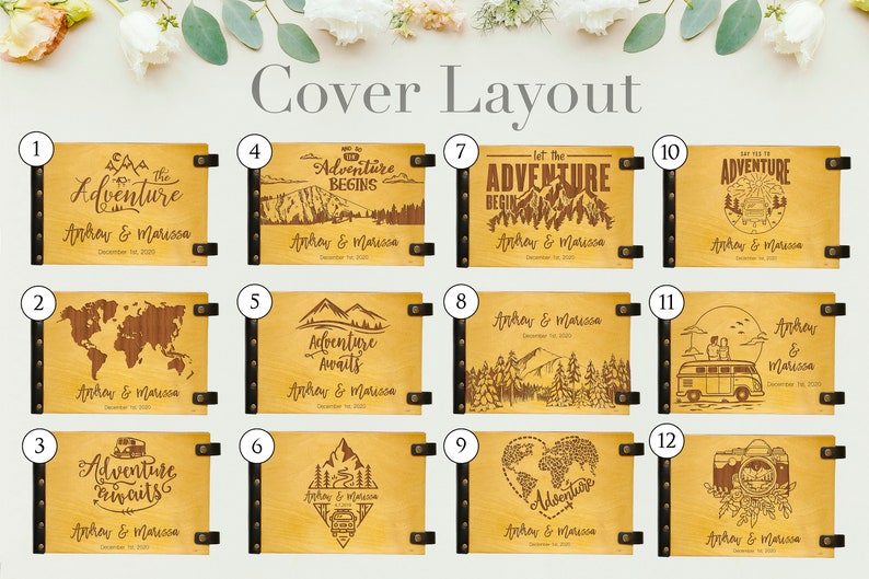 Twelve different cover designs for a leather-bound Photo album. Each design features a different nature-themed illustration and the text "Adventure" in a variety of styles. The covers are all a light brown color and have black leather straps.
