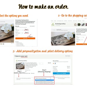 "How to make an order" infographic showing five steps: selecting size and material, adding to cart, viewing the cart, adding personalization notes, and selecting shipping options.