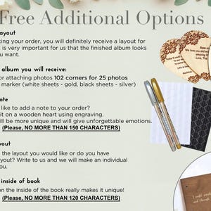 An informational graphic titled "Free Additional Options" for a personalized wooden photo album. The list includes: an approval layout sent before production, 102 photo corners and a metallic signature marker included with every book, a free custom engraved wooden heart note (max 150 characters), the option for a completely custom layout, and free engraving on the inside of the book cover (max 120 characters).