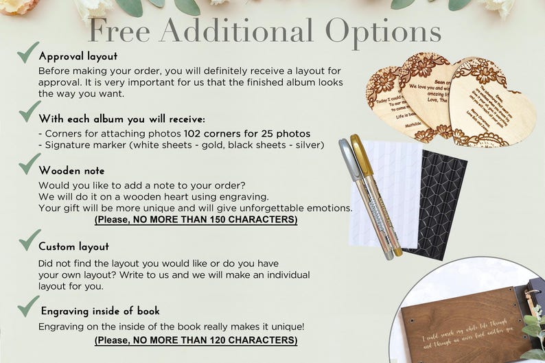 An informational graphic titled "Free Additional Options" for a personalized wooden photo album. The list includes: an approval layout sent before production, 102 photo corners and a metallic signature marker included with every book, a free custom engraved wooden heart note (max 150 characters), the option for a completely custom layout, and free engraving on the inside of the book cover (max 120 characters).