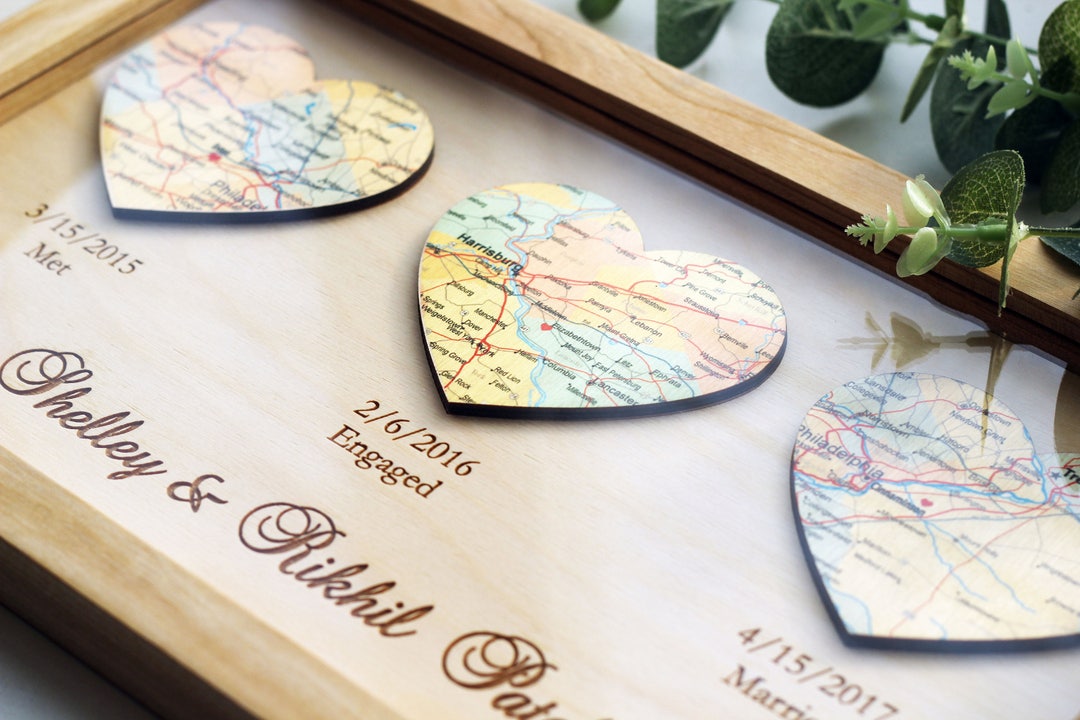 Newly Wed Gifts, Two Locations Heart Puzzle Map Wooden Framed Wall Art,  Custom Wedding Shower Gift For Couple, 1st Anniversary Gift For Wife