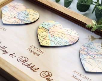 Wood Anniversary Gift for Husband | Christmas gifts for wife| Wedding Gift for Couple | 3 heart maps | Love Story Map | Met Engaged Married