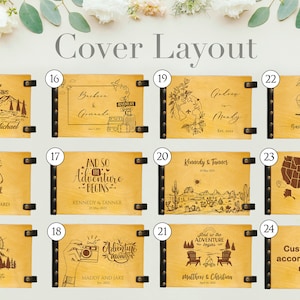 A collage of 12 different cover designs for a personalized photo album. Each design features a different illustration and text, including a mountain range, a camper van, a compass, a camera, a world map, and a pair of sunglasses. The text includes the names of couples and the date of their wedding. The album covers are made of wood and have a rustic, vintage look.