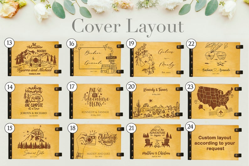 A collage of 12 different cover designs for a personalized photo album. Each design features a different illustration and text, including a mountain range, a camper van, a compass, a camera, a world map, and a pair of sunglasses. The text includes the names of couples and the date of their wedding. The album covers are made of wood and have a rustic, vintage look.