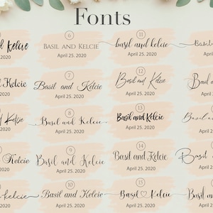 An Etsy shop font selection guide titled "Fonts" at the top, featuring 20 different numbered typography styles for personalization. Each style showcases the names "Basil and Kelcie" followed by the date "April 25, 2020." The fonts are displayed on soft peach-colored brushstroke backgrounds arranged in a 4x5 grid.
