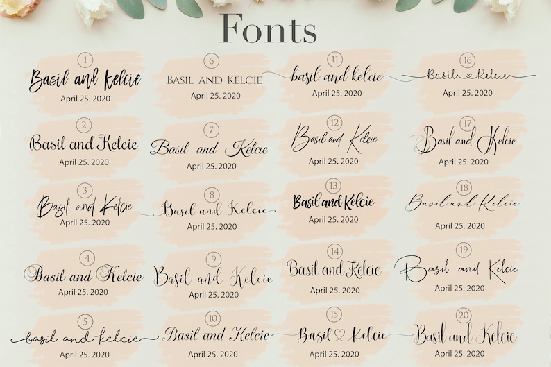 An Etsy shop font selection guide titled "Fonts" at the top, featuring 20 different numbered typography styles for personalization. Each style showcases the names "Basil and Kelcie" followed by the date "April 25, 2020." The fonts are displayed on soft peach-colored brushstroke backgrounds arranged in a 4x5 grid.