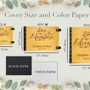 A product infographic titled "Cover Size and Color Paper" showcasing three sizes of personalized wooden photo albums against a floral background. Size Small is 6 by 8.5 inches (15x21cm); Size Medium is 8.5 by 12 inches (21x30cm); and Size Large is 12 by 12 inches (30x30cm). Below the albums, two paper color options are shown: textured black paper and textured white paper. Each album features a laser-engraved floral design with the names "Teddi & Neill" and a date.